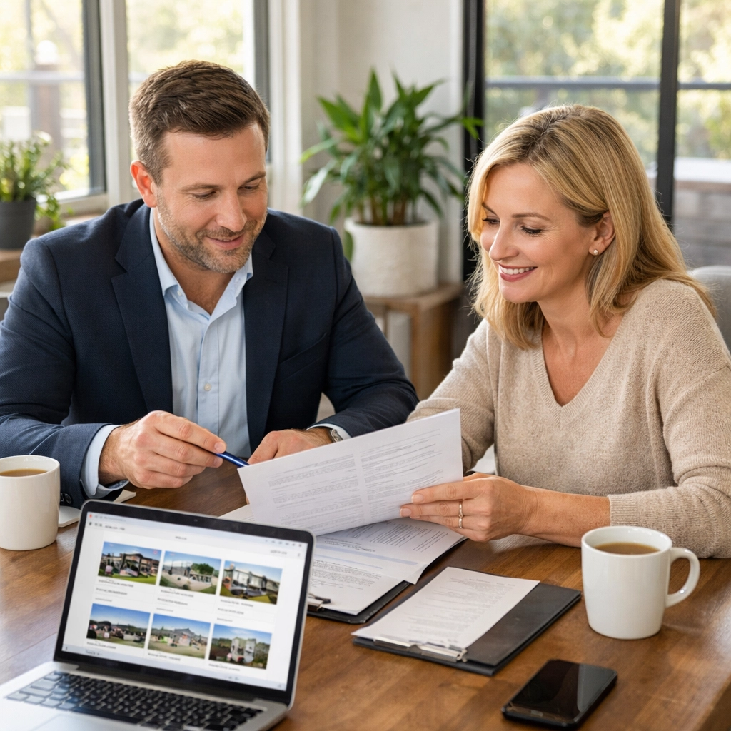 Buyers agent consulting with client over property documents and listings