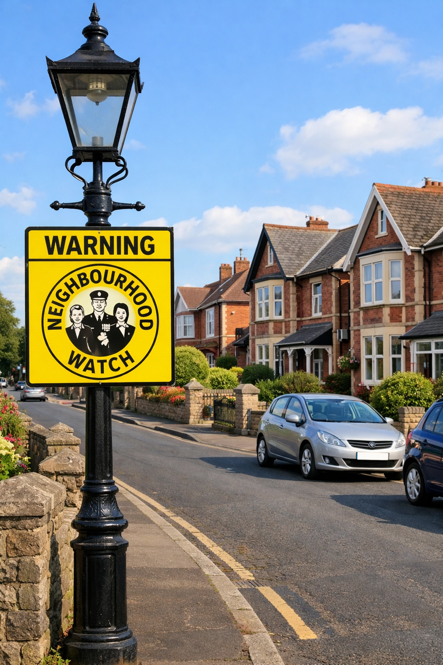 A Neighbourhood Watch sign in a Weston-super-Mare residential area for local home security and crime prevention.