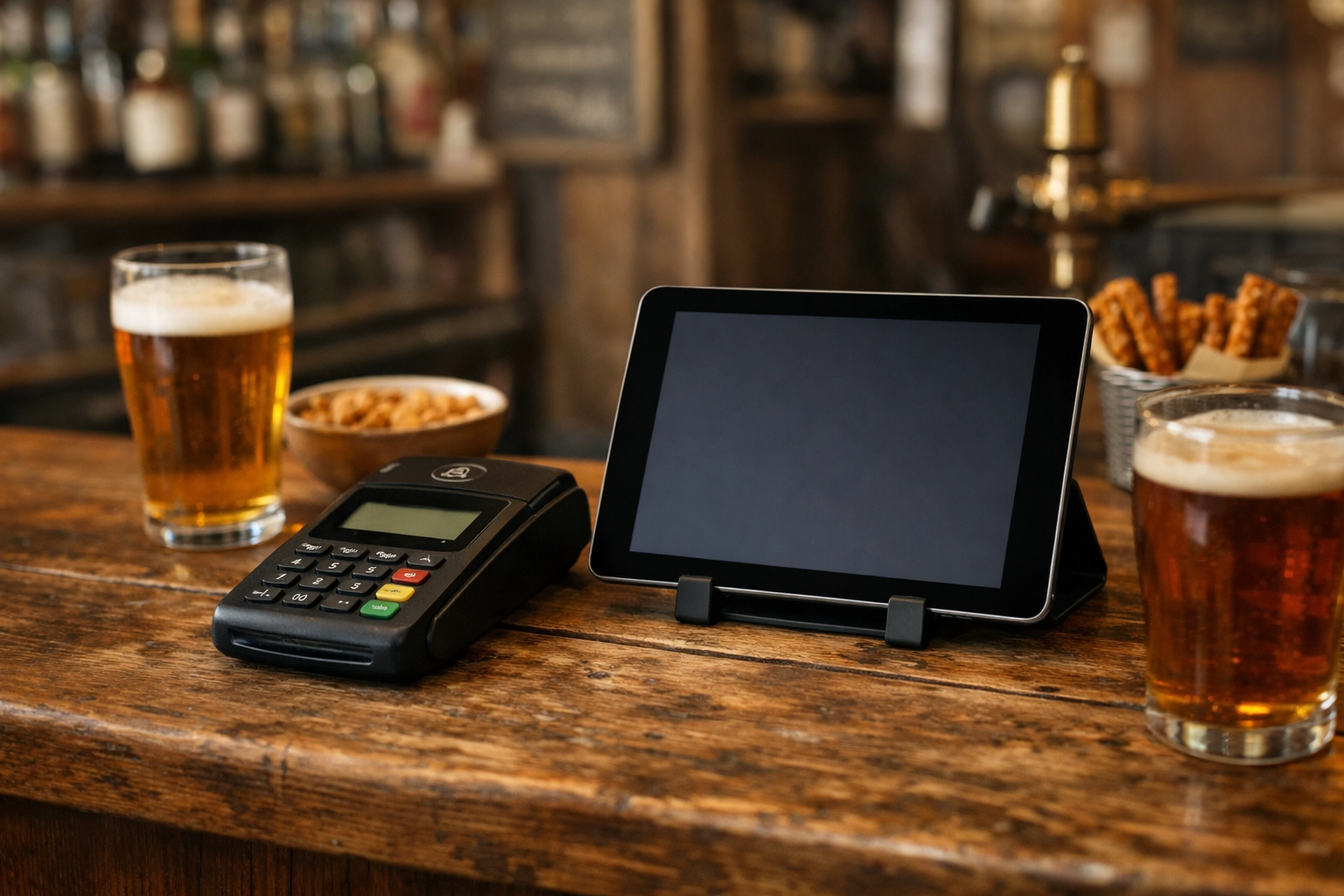 SumUp compact card reader and tablet setup on small pub bar counter