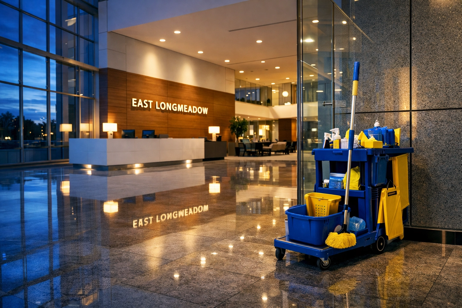 Clean corporate lobby in East Longmeadow with polished floors and professional cleaning supplies.