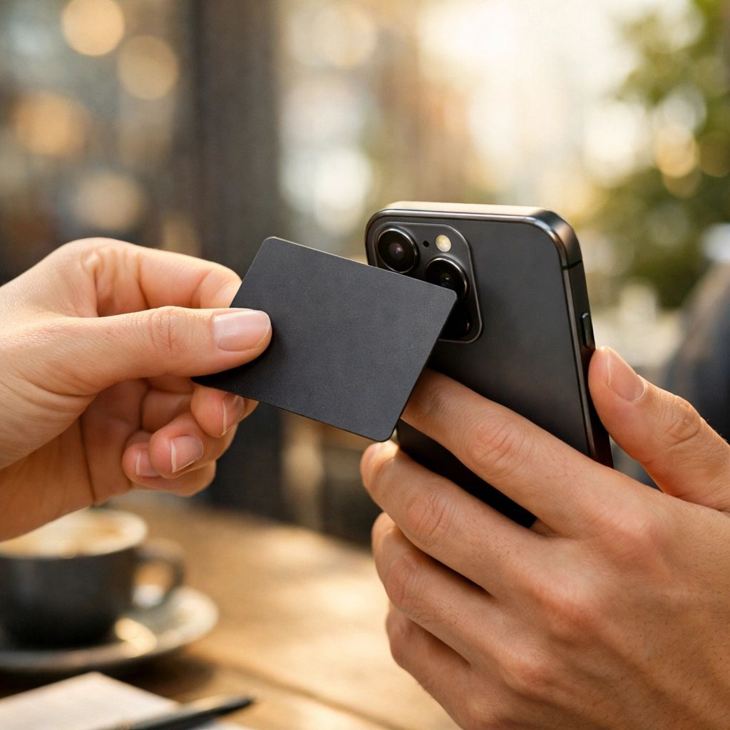 Using a digital business card to instantly share a website link with a smartphone during networking.