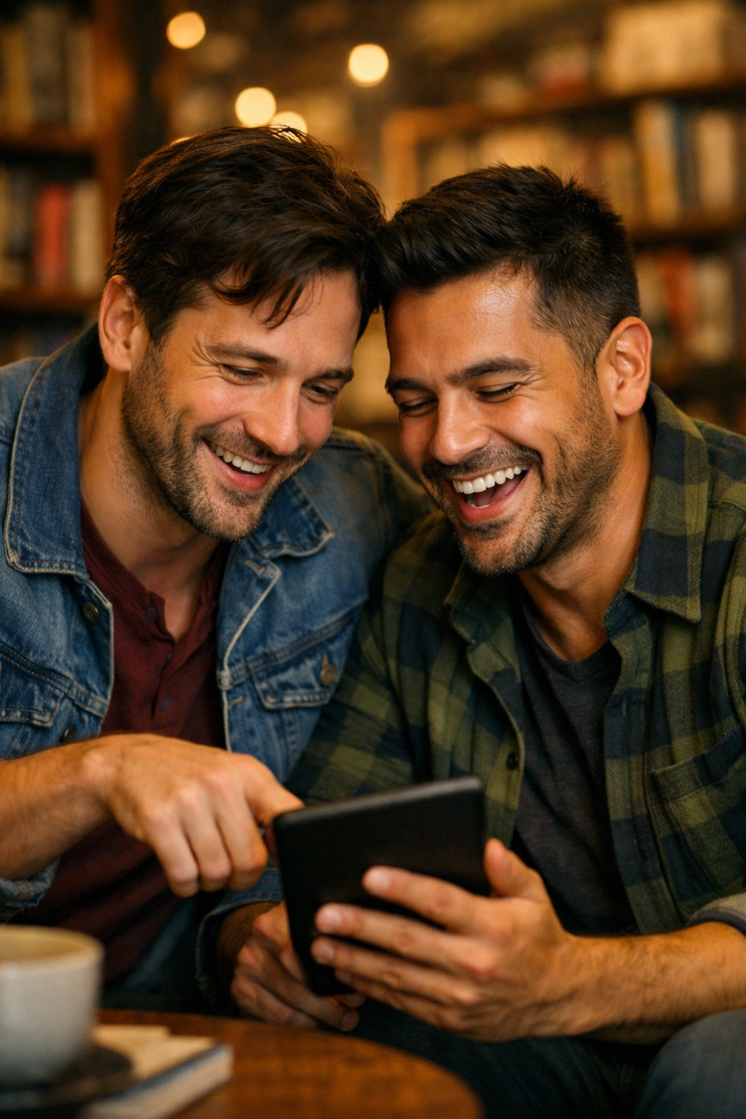 Two gay men laughing and sharing an e-reader, illustrating the strong community of queer fiction readers.