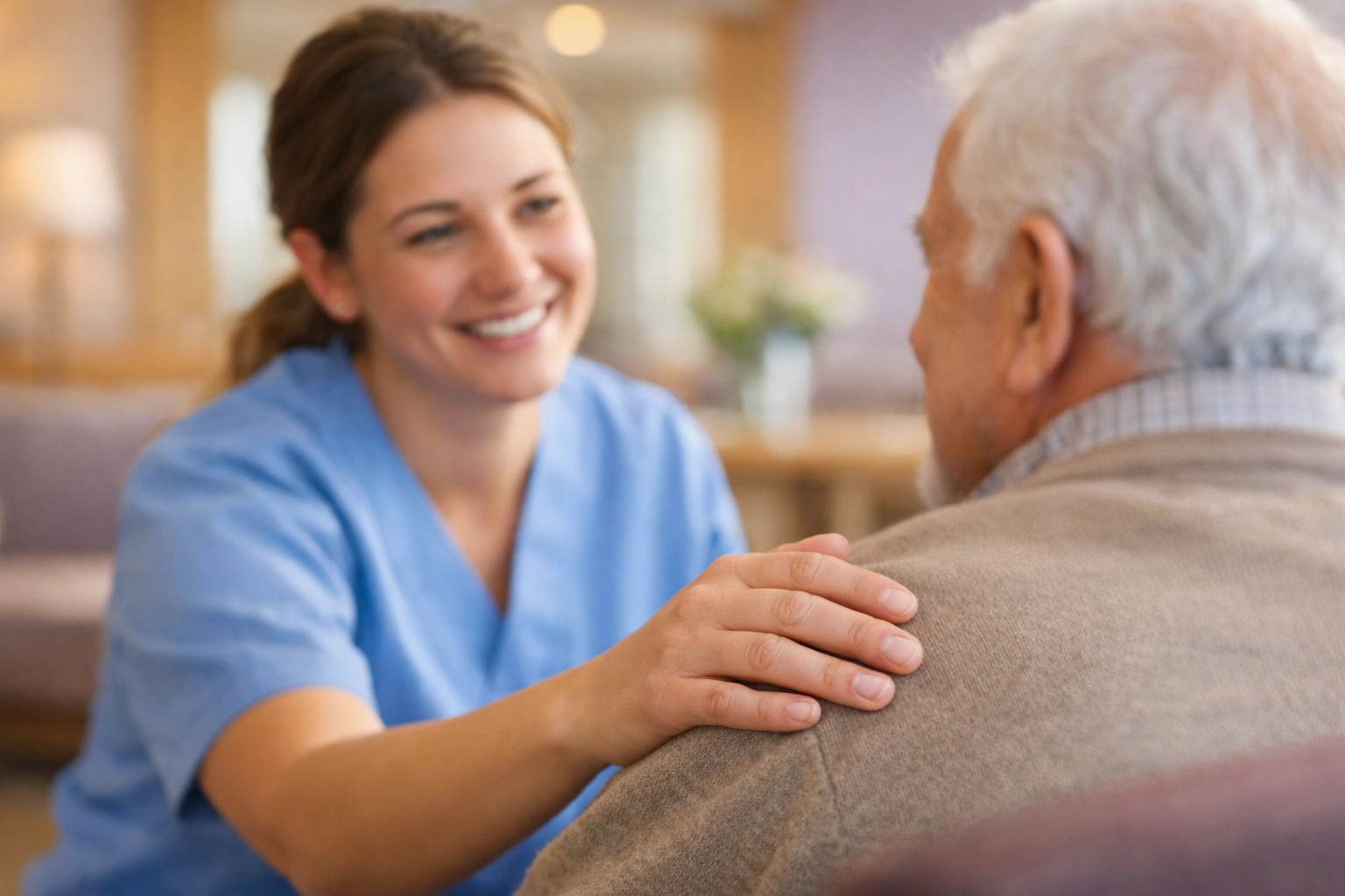 Compassionate caregiver providing personalized support to a senior in a Lakewood Ranch assisted living facility.