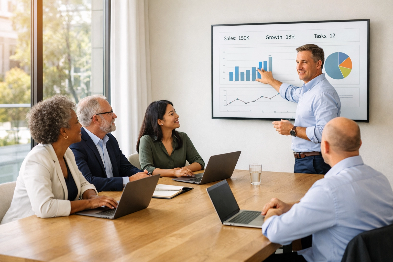 Business leaders reviewing ServiceNow consulting services ROI and data insights in a modern boardroom.
