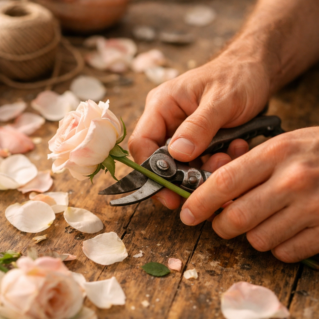 Florist's hands carefully pruning flower stem on workbench with scattered petals