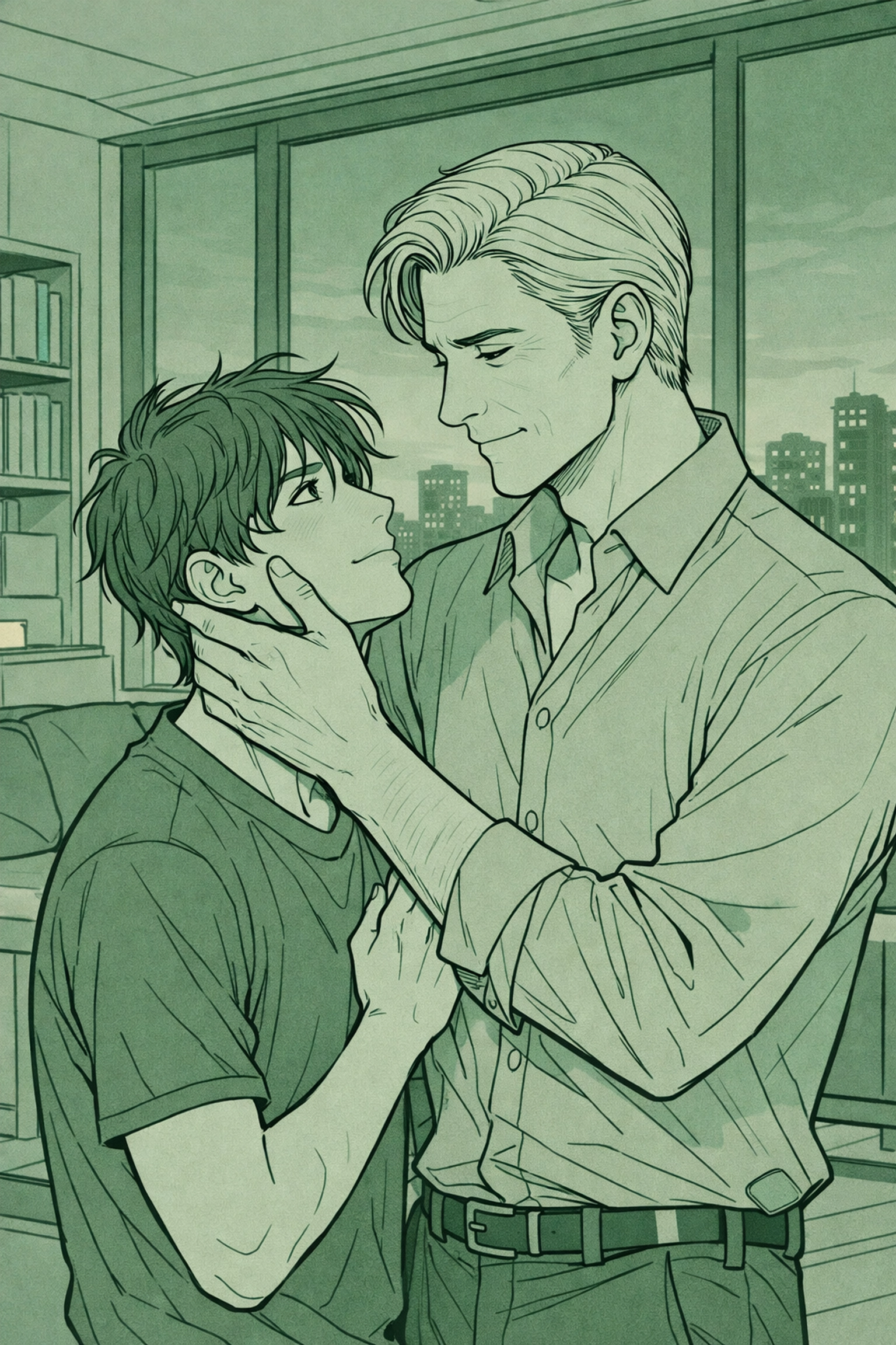 Young man and silver fox in intimate embrace showing age gap MM romance emotional connection