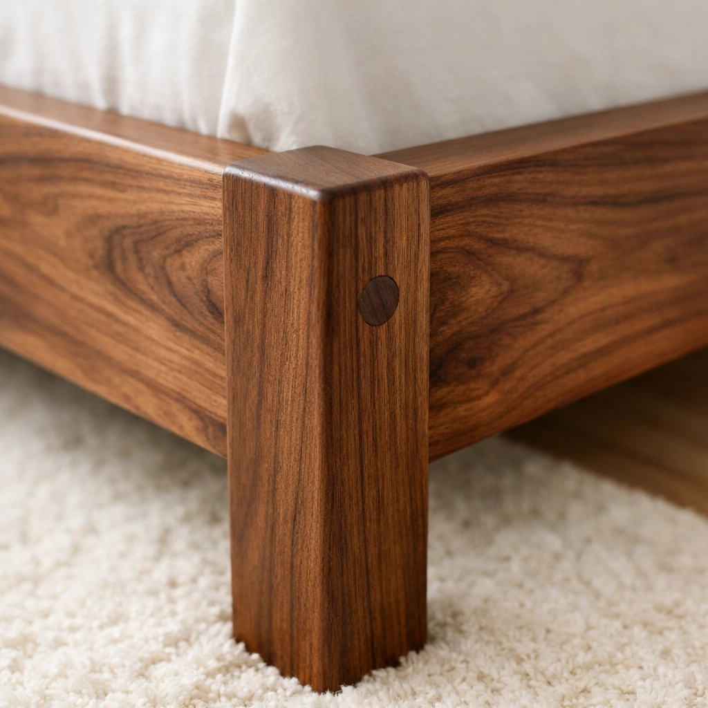 Detail of solid walnut wood grain and joinery on a Jocisland king bed frame.