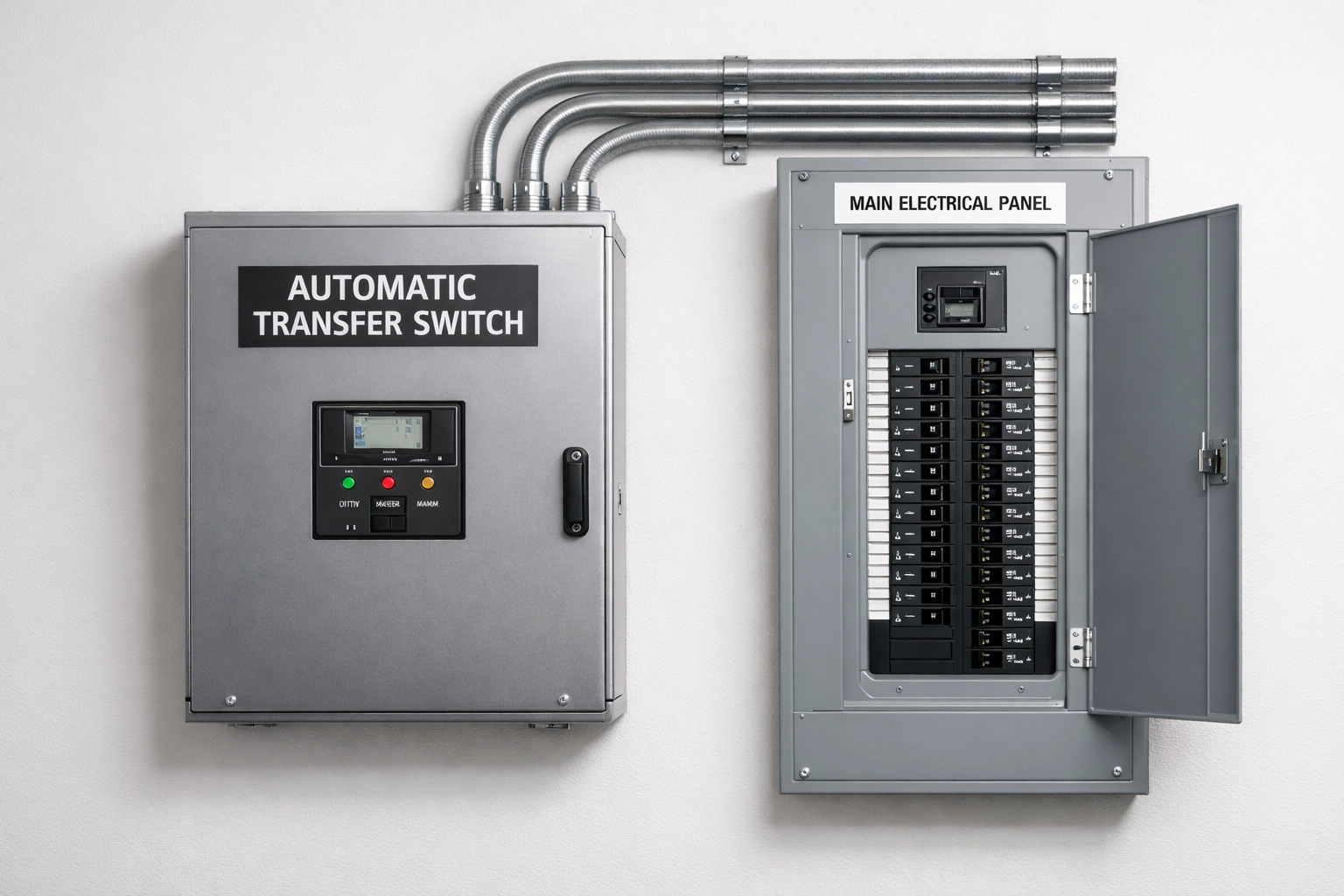 Automatic transfer switch mounted next to a main electrical panel for a safe whole house generator setup.