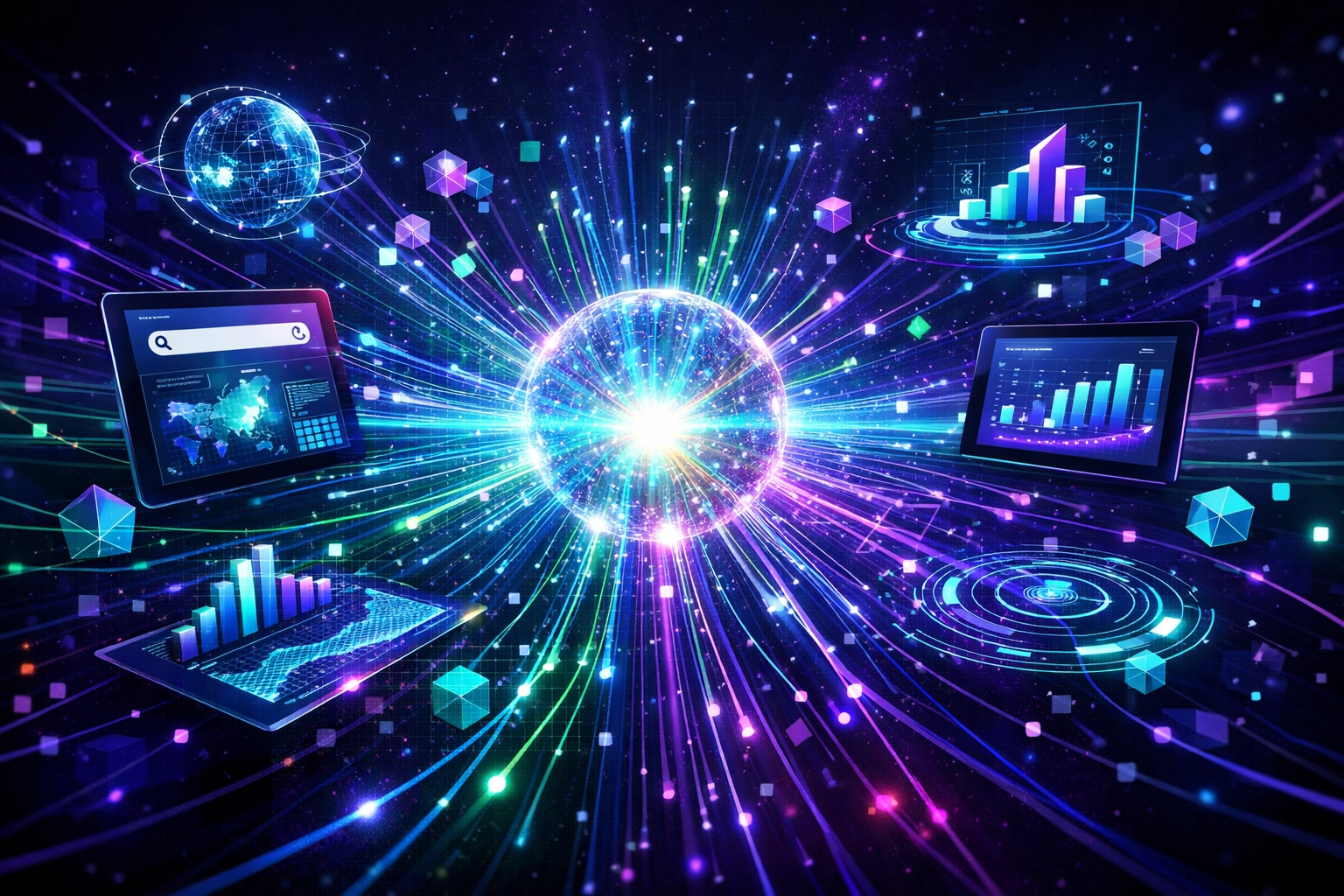 Glowing digital data hub representing the synergy between AI and search engine optimization for marketers.