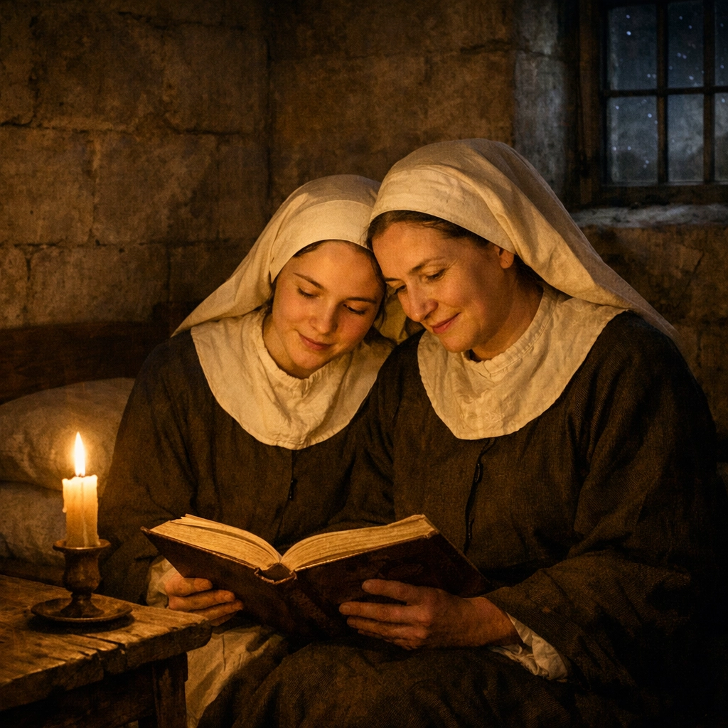 Nuns reading together by candlelight in monastery cell, showing companionship and hidden lesbian love