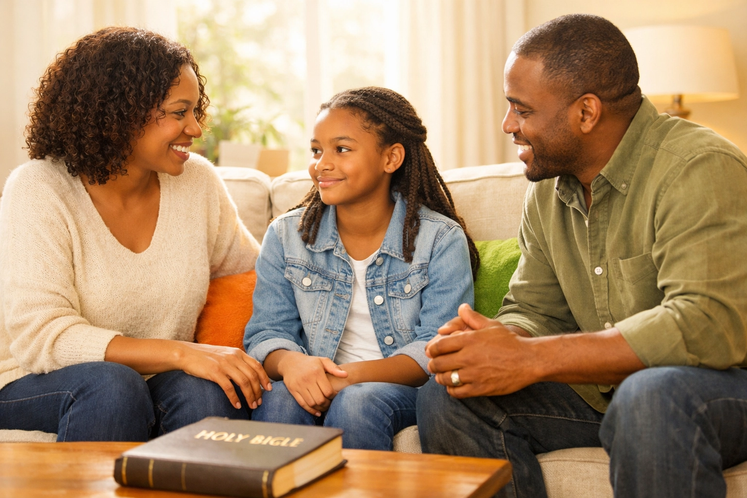 Christian parents having open conversation about puberty with preteen daughter on couch