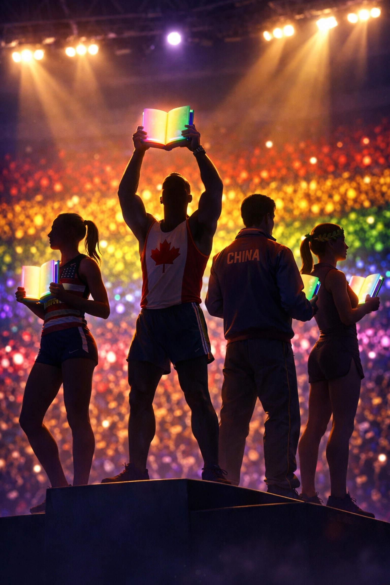 Athletes holding glowing gay romance books on podium, celebrating LGBTQ+ literature and unity