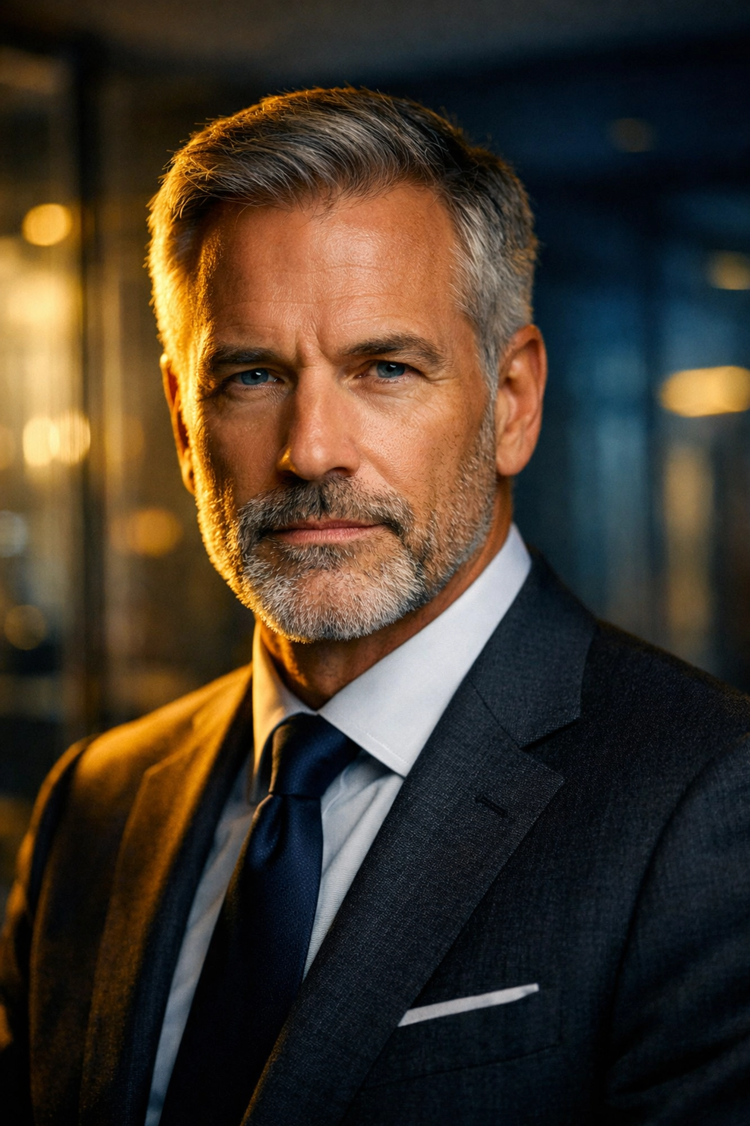 Professional executive portrait illustrating strategic intensity and calm authority in a modern corporate setting.