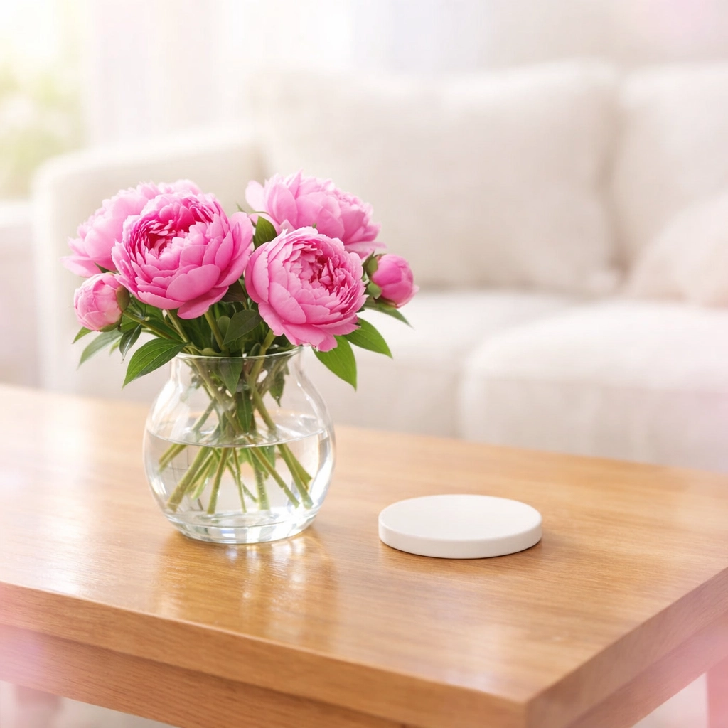 Spotless living room with a clean coffee table and flowers after professional cleaning in Cedar Falls.