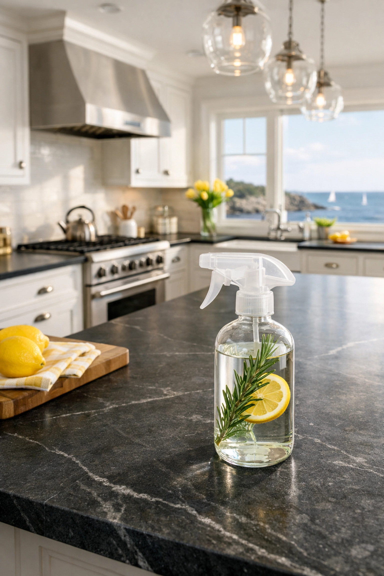 Eco-friendly luxury house cleaning on a soapstone countertop in a sun-drenched Marblehead harbor kitchen.