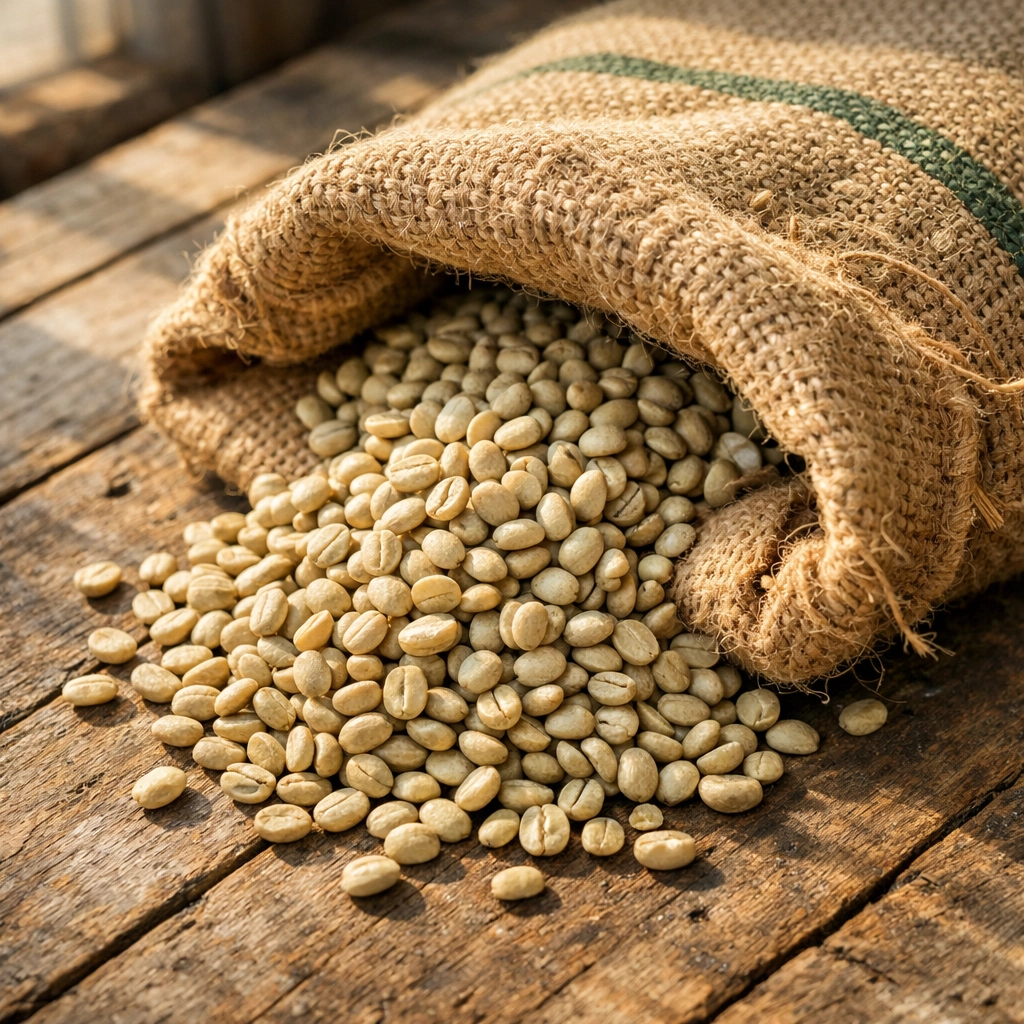 Green unroasted specialty coffee beans spilling from a textured jute sack on a rustic wooden floor.