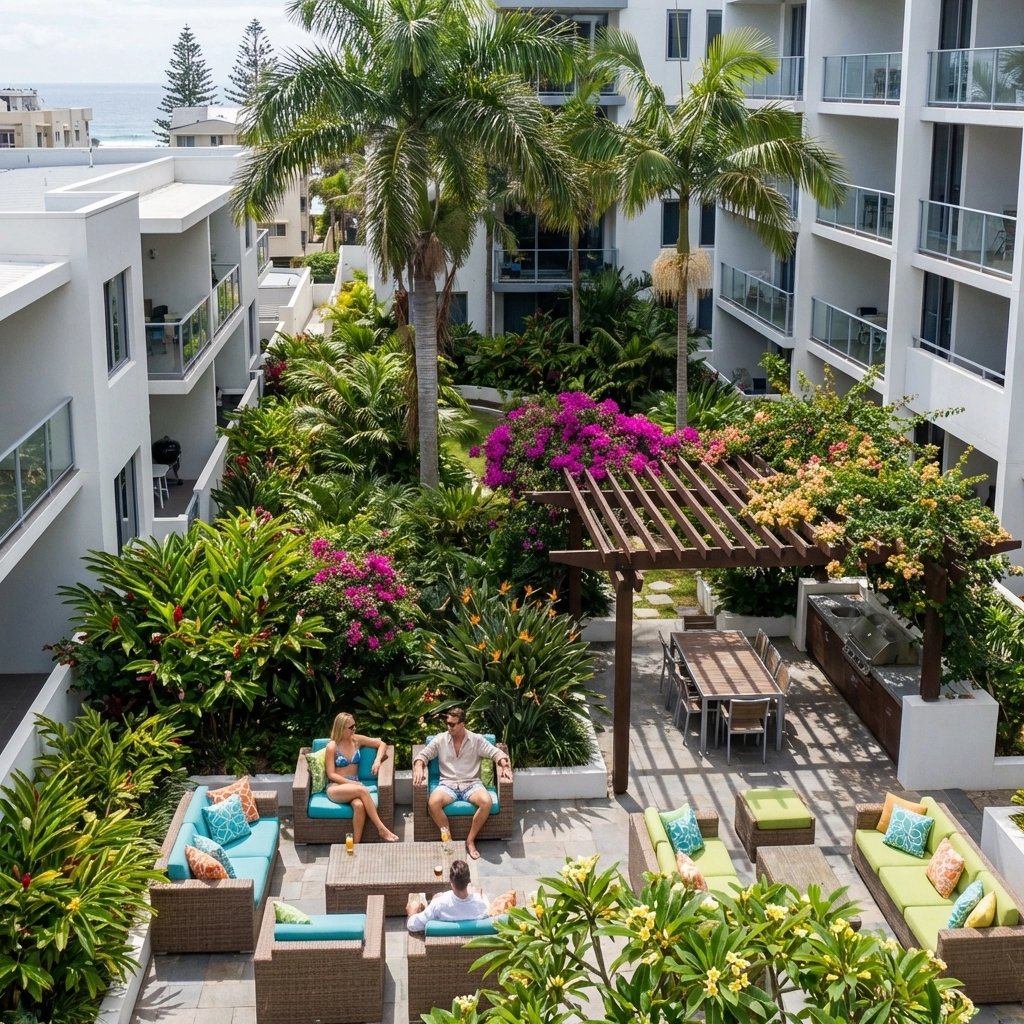 Modern Puerto Vallarta apartment courtyard with tropical garden and lounge area, showcasing rental amenities