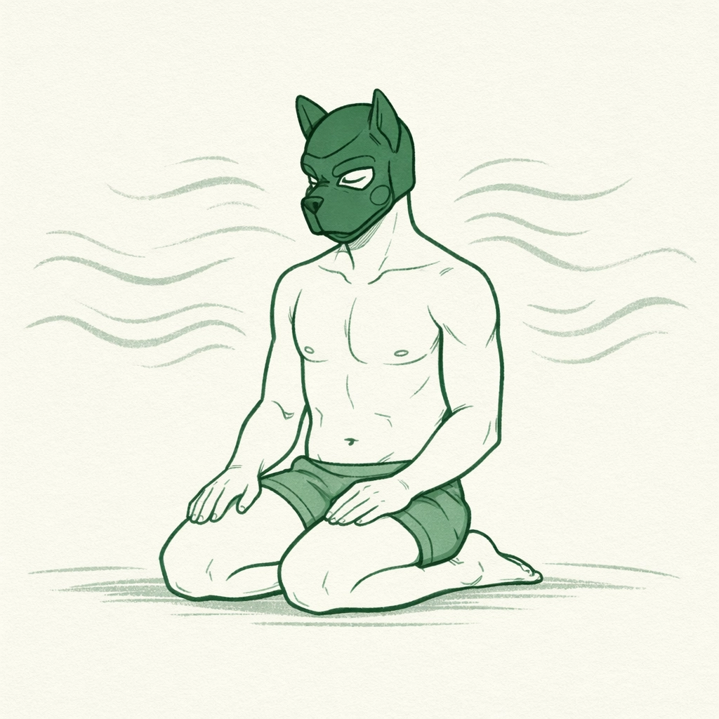 Man in pup hood kneeling in meditative pose entering peaceful pup headspace for mental wellness