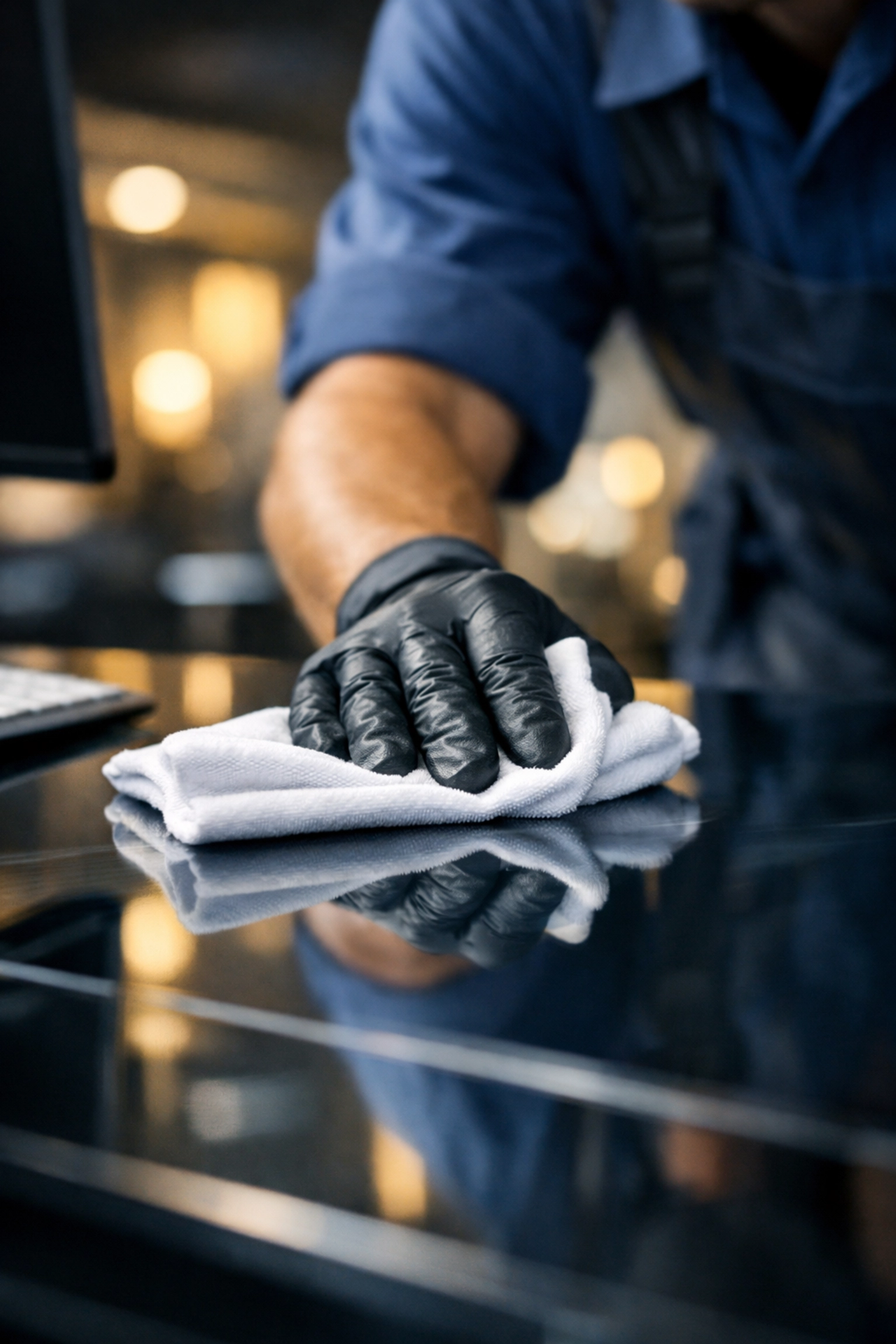 Professional cleaner in uniform detailing a glass desk, providing meticulous office cleaning Worcester services.