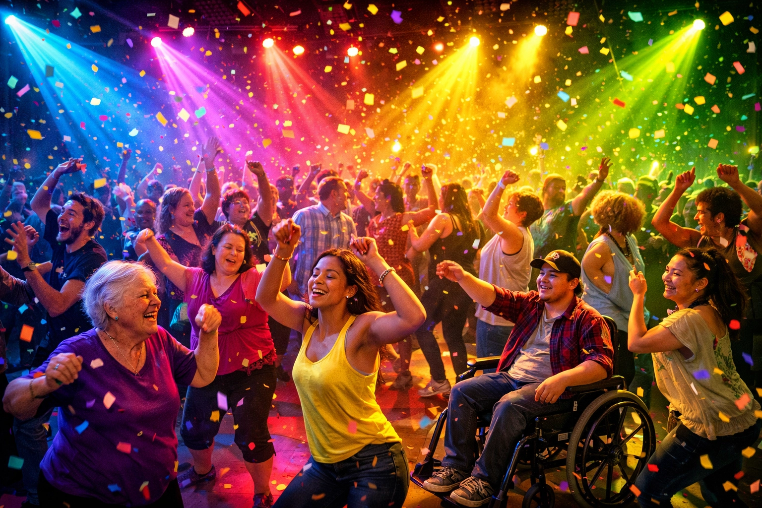 Inclusive diverse dance community of all ages celebrating together at welcoming event