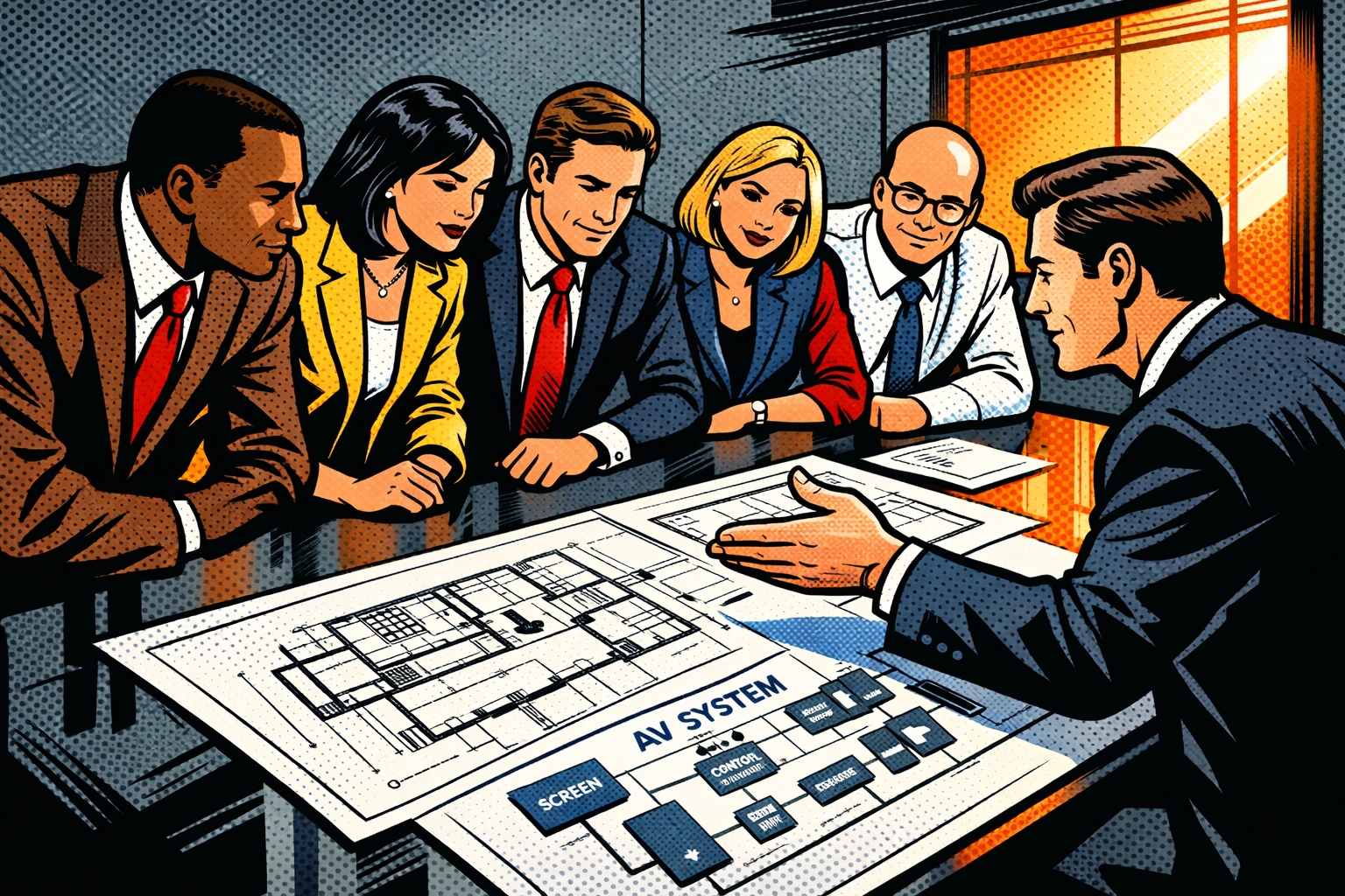 Business team reviewing AV integration plans during consultation phase for conference room setup