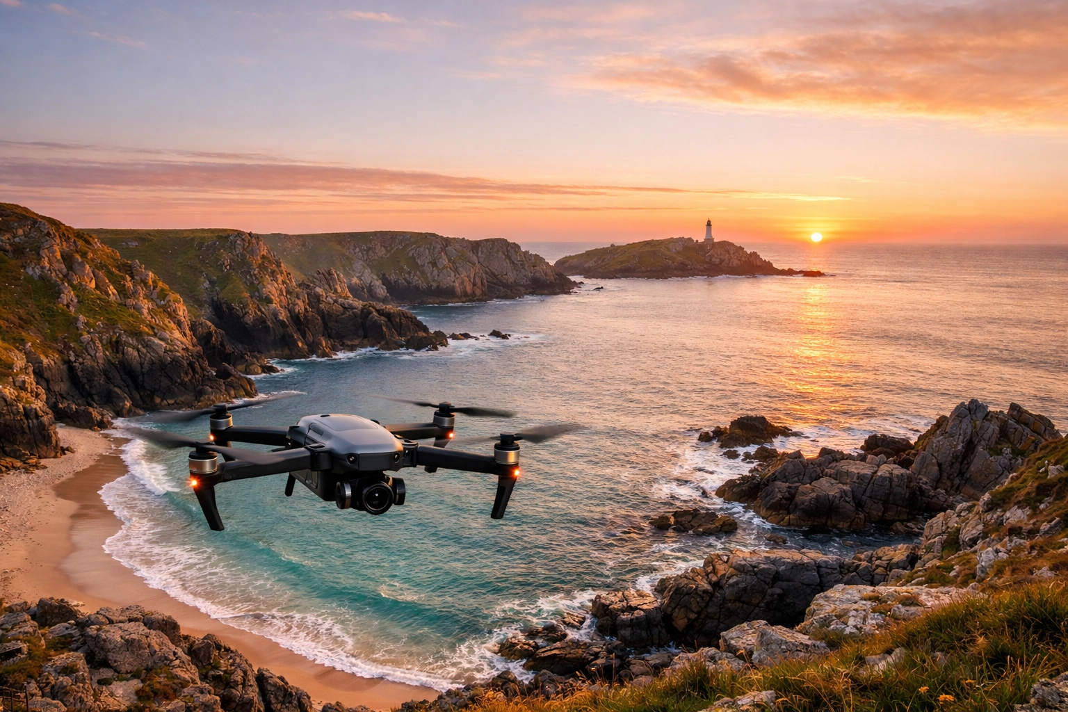 Professional drone for scattering ashes over a serene North Cornwall beach during a memorial ceremony.