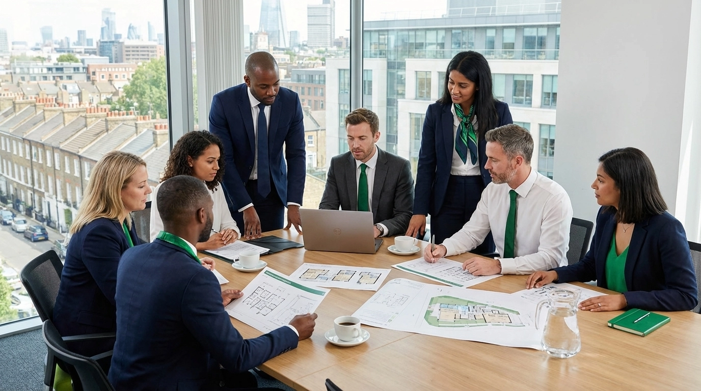Business team in formal attire discusses architectural plans around a table. Large windows reveal a cityscape. Mood is collaborative.