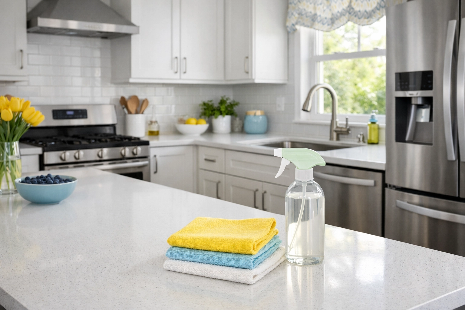 Weekly house cleaning Natick MA in a spotless, modern kitchen with fresh, sanitized surfaces.