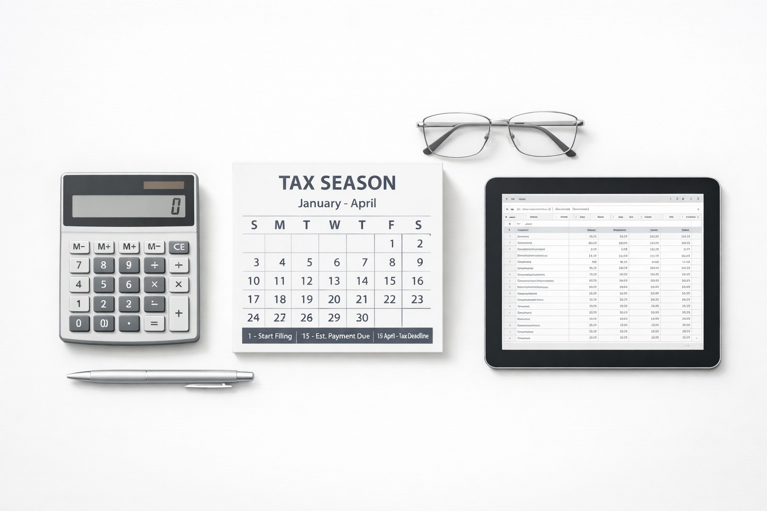 Tax preparation tools including calculator and calendar for service bureau filing season