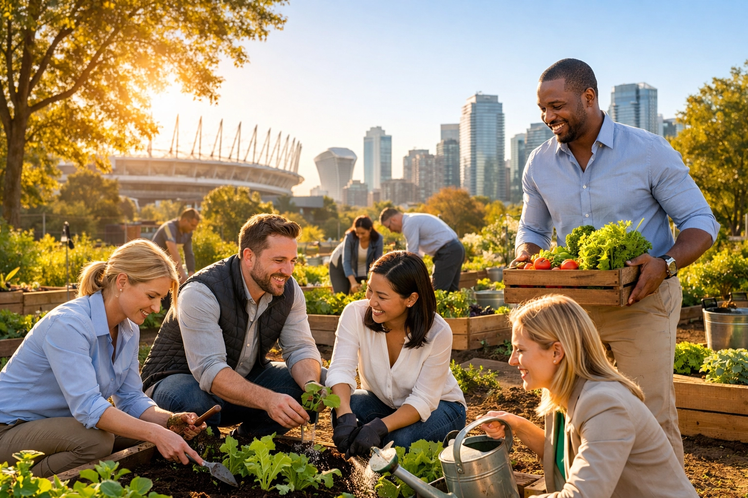 Corporate team participating in a community impact project near a major city sports stadium.