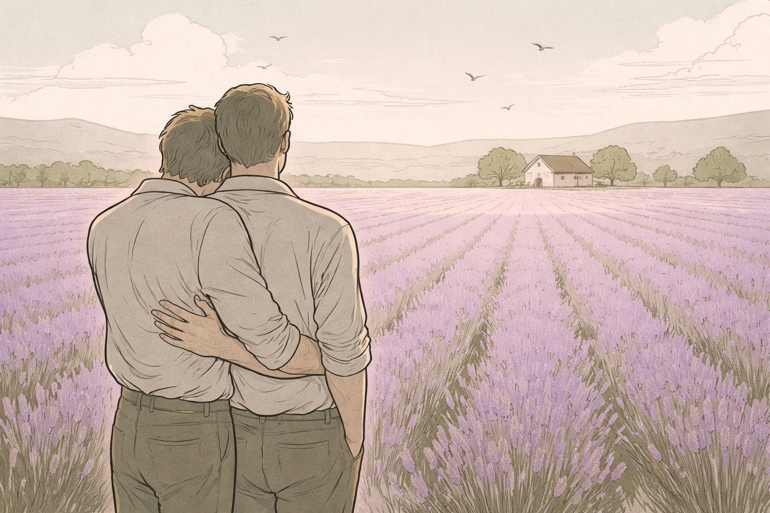 Two men embrace in a lavender field, symbolizing triumph, resilience, and the promise of LGBTQ love after wartime exile.