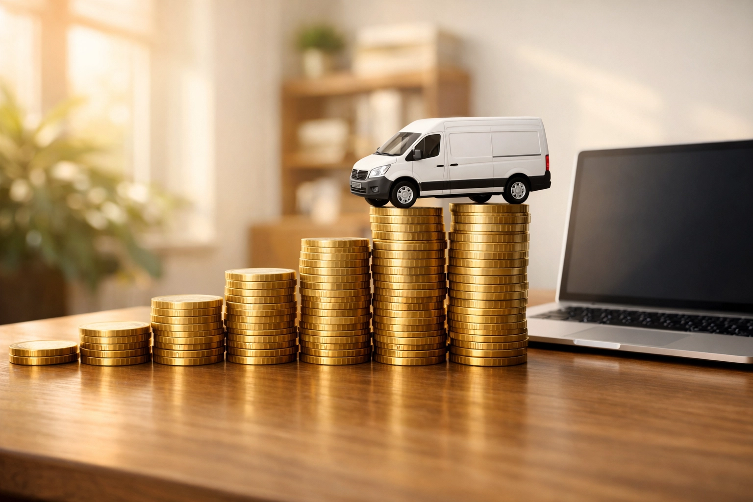 Stacks of coins leading to a miniature van and laptop, representing business asset finance steps.