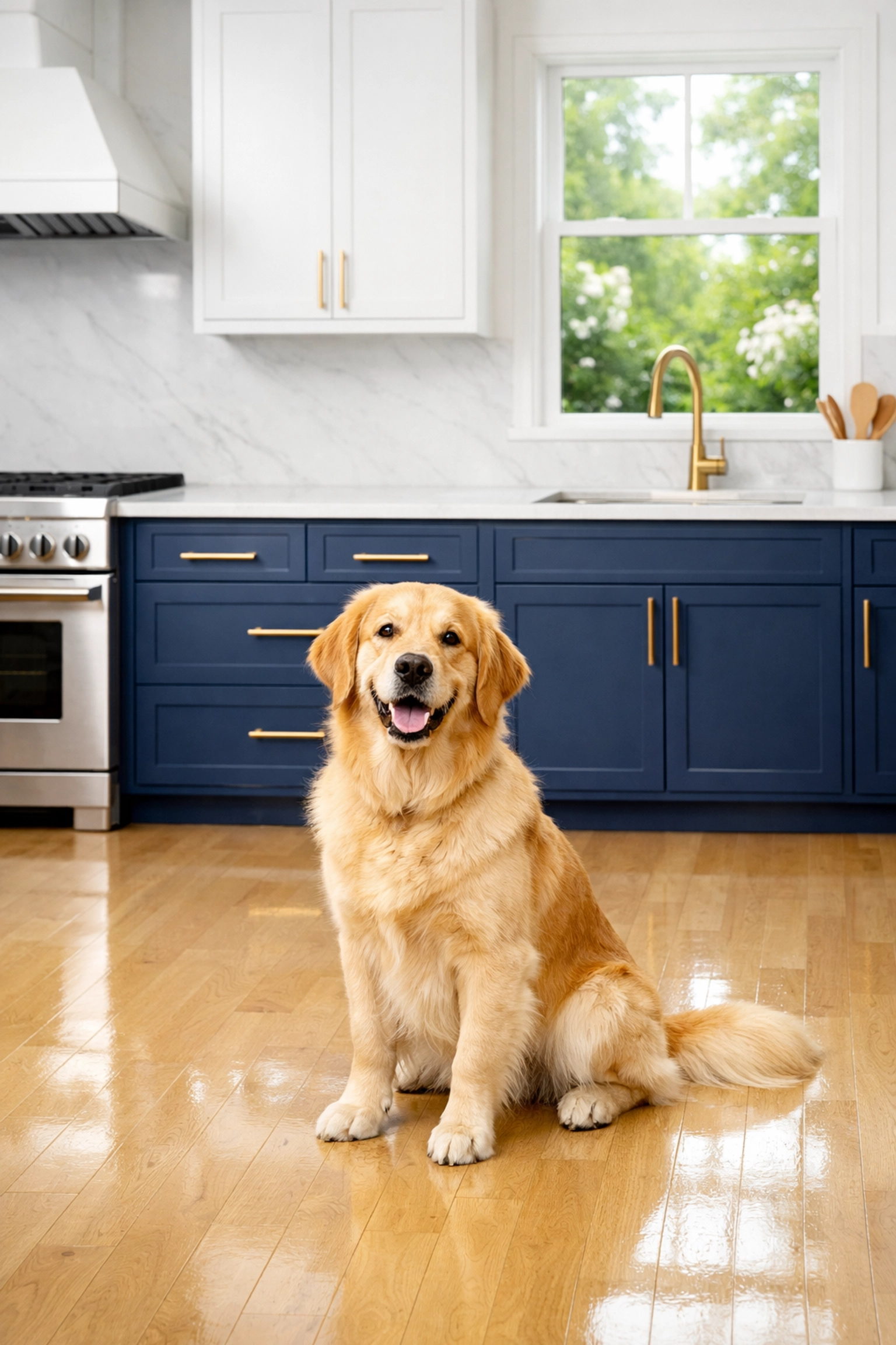 Sanitized pet-friendly kitchen in Ashby MA showing safe results from a professional house cleaning service.