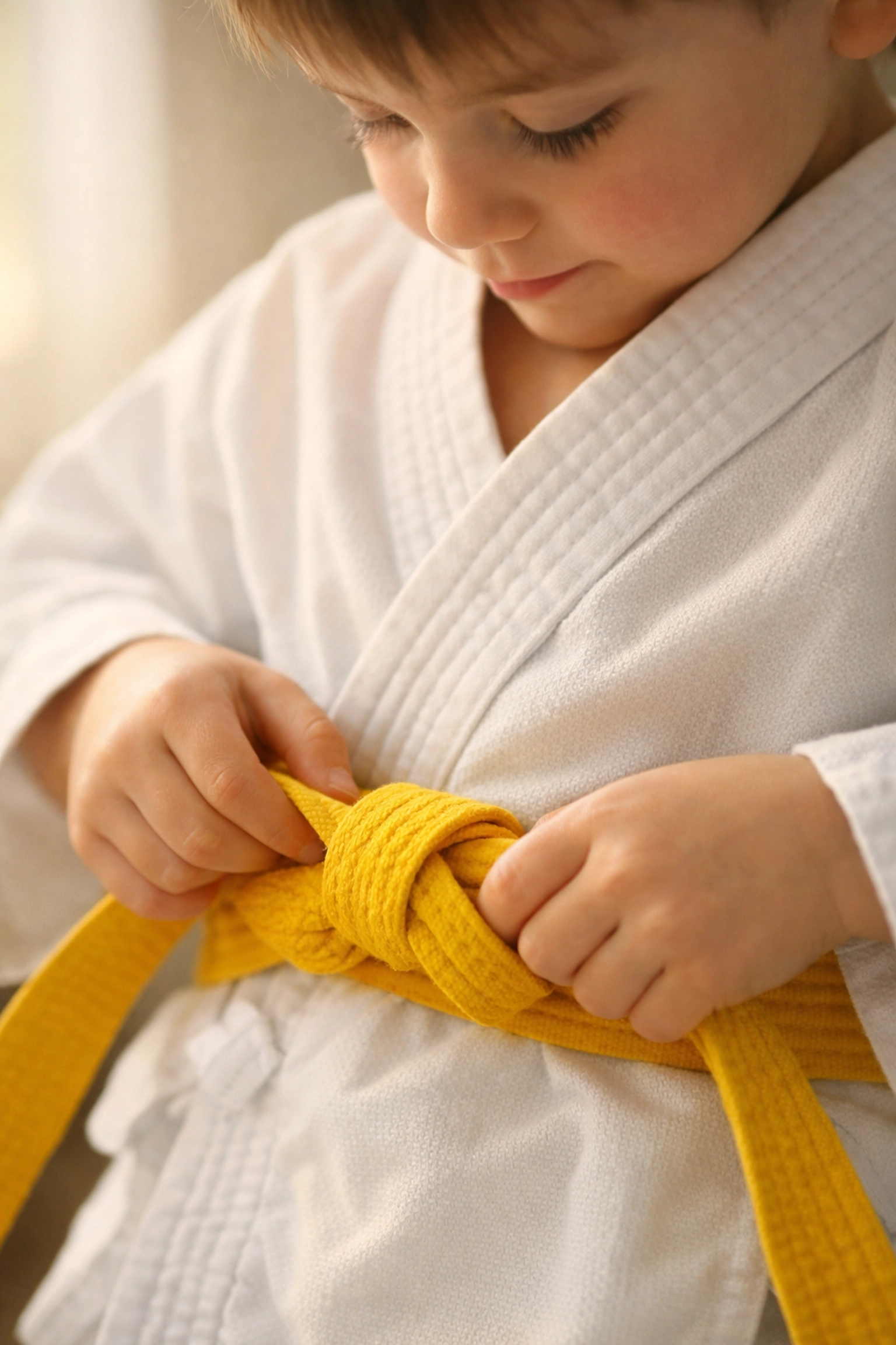 Child tying yellow karate belt showing progression and achievement in martial arts
