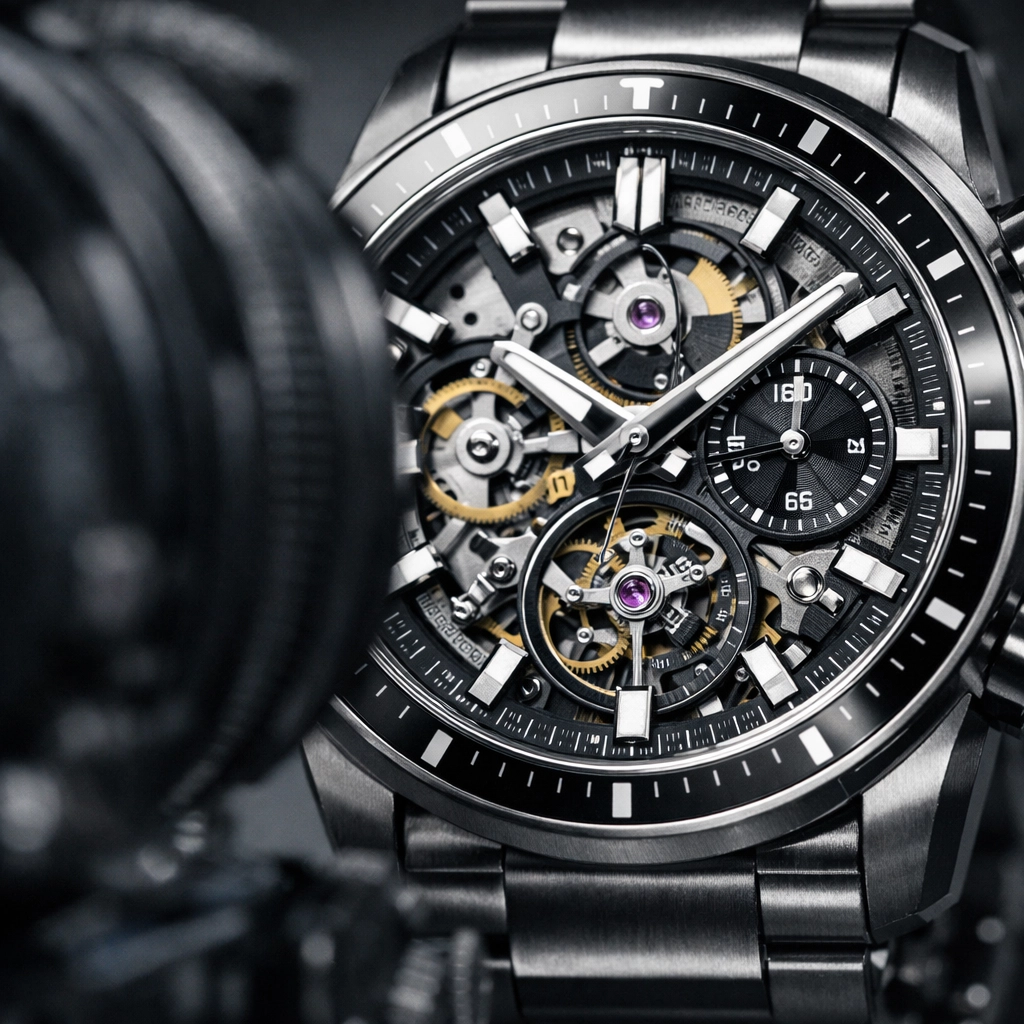 Professional studio macro shot of a luxury watch highlighting intricate mechanical details.