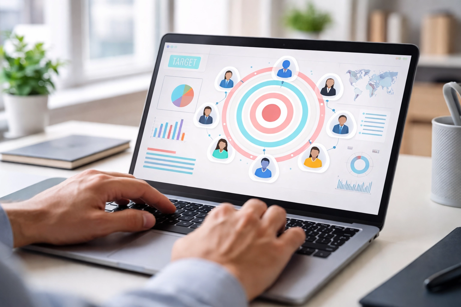 Business figures moving towards a marketing target, illustrating the effectiveness of retargeting strategies