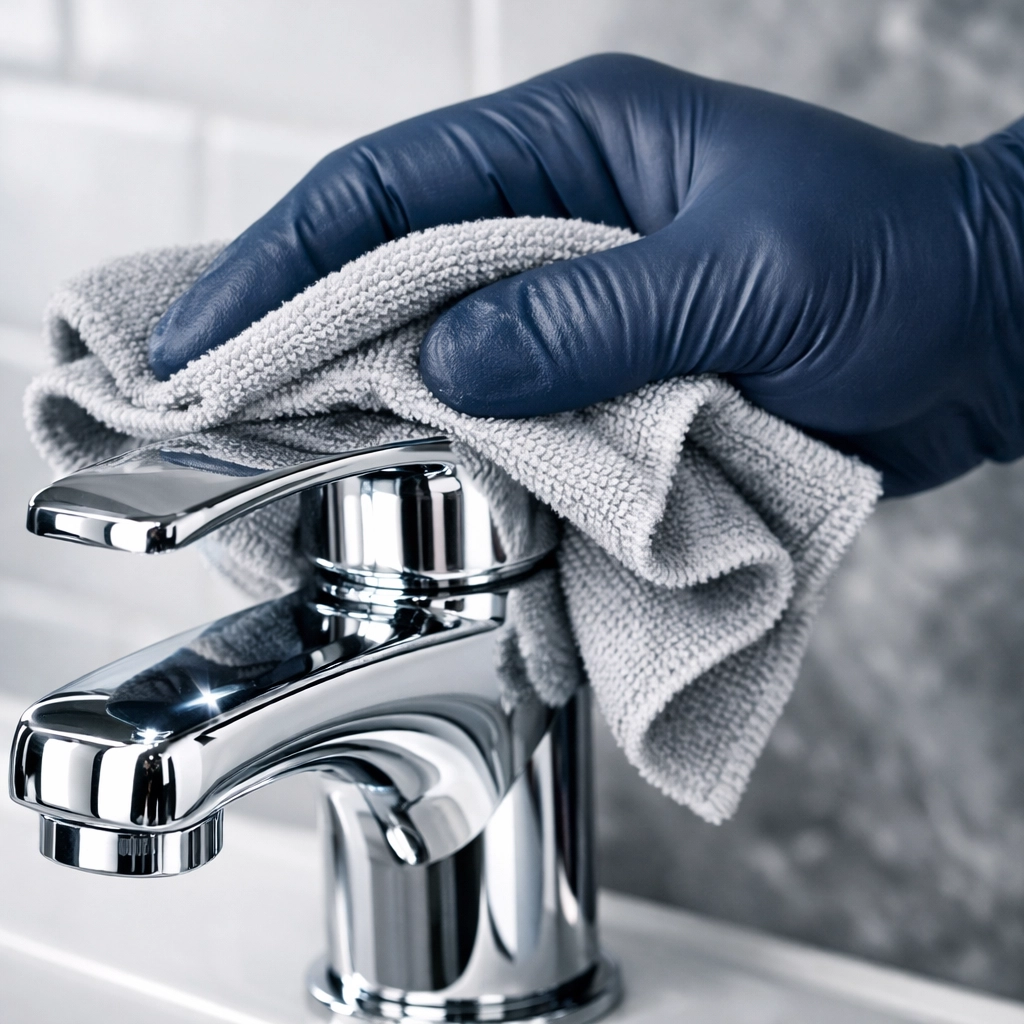 Detail-oriented bathroom cleaning by house cleaning services MA highlighting polished fixtures.