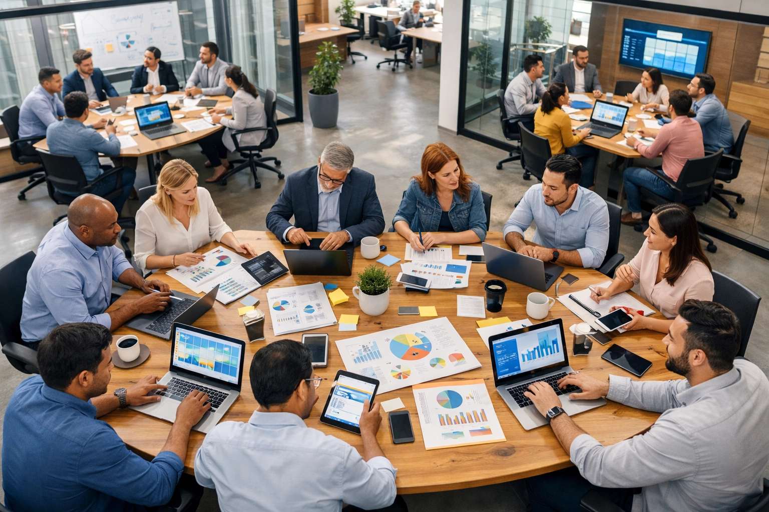 Integrated teams collaborating in modern workspace showing Dakdan's unified workflow approach