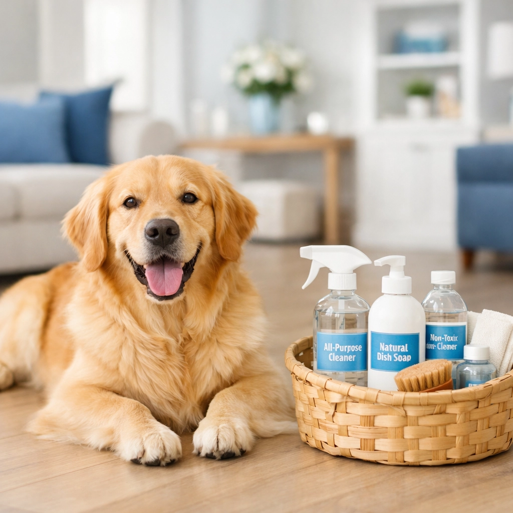 Happy dog on hardwood floors following eco-friendly luxury house cleaning in Newton MA.