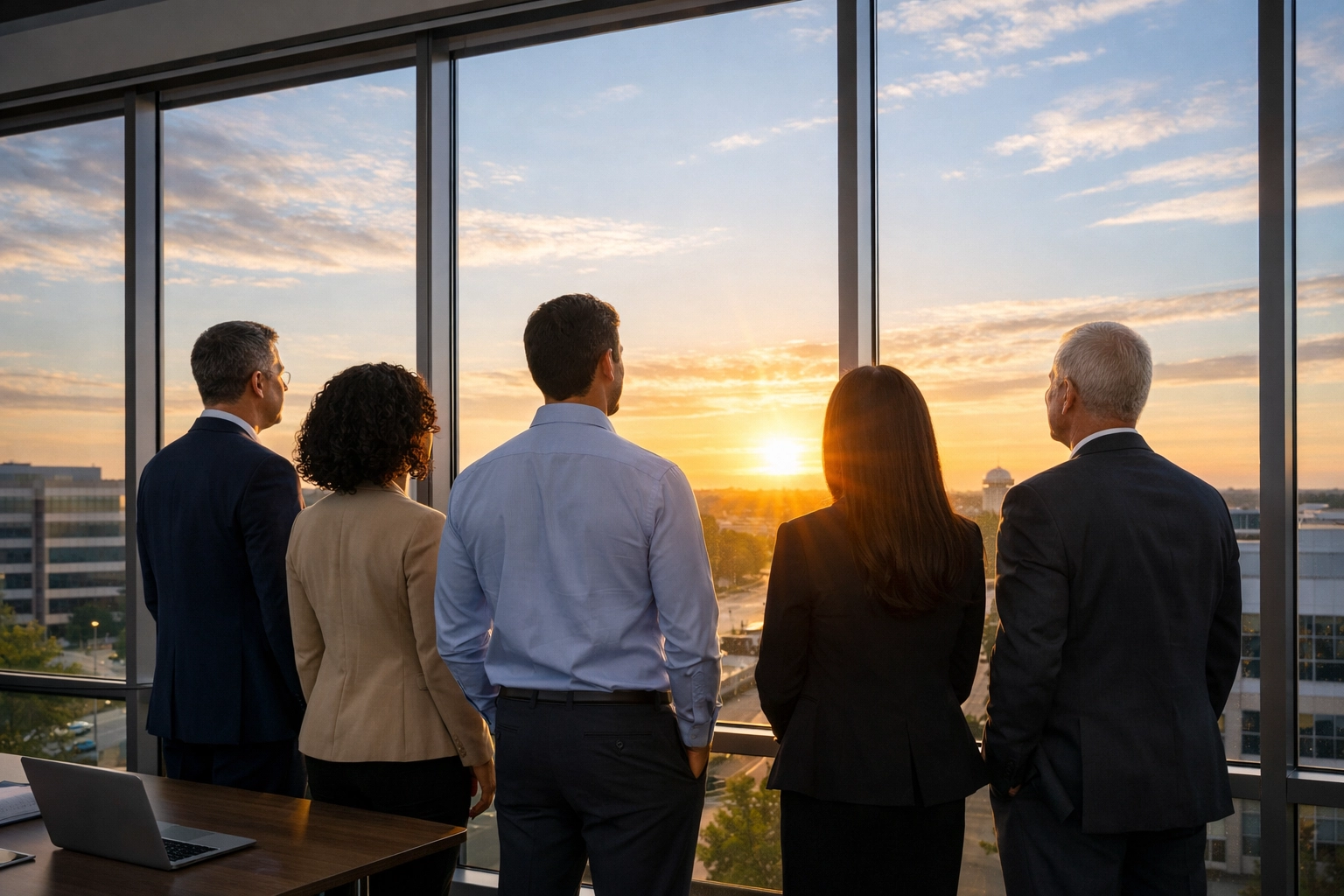 Diverse professionals in a modern office looking at a sunrise, symbolizing clarity and a hopeful future.