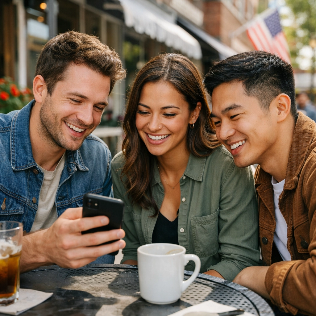 Young adults at a cafe discussing community updates for America’s 250th anniversary on their smartphones.