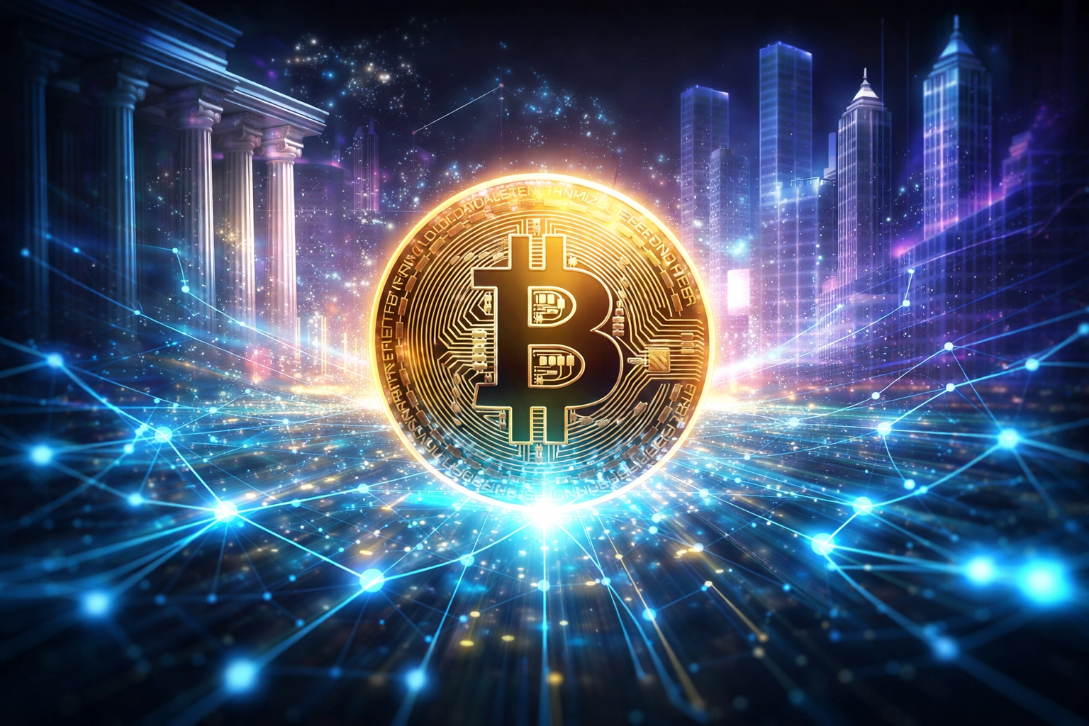 Symbolic image of Bitcoin and finance networks representing integration of cryptocurrency into diversified investment portfolios