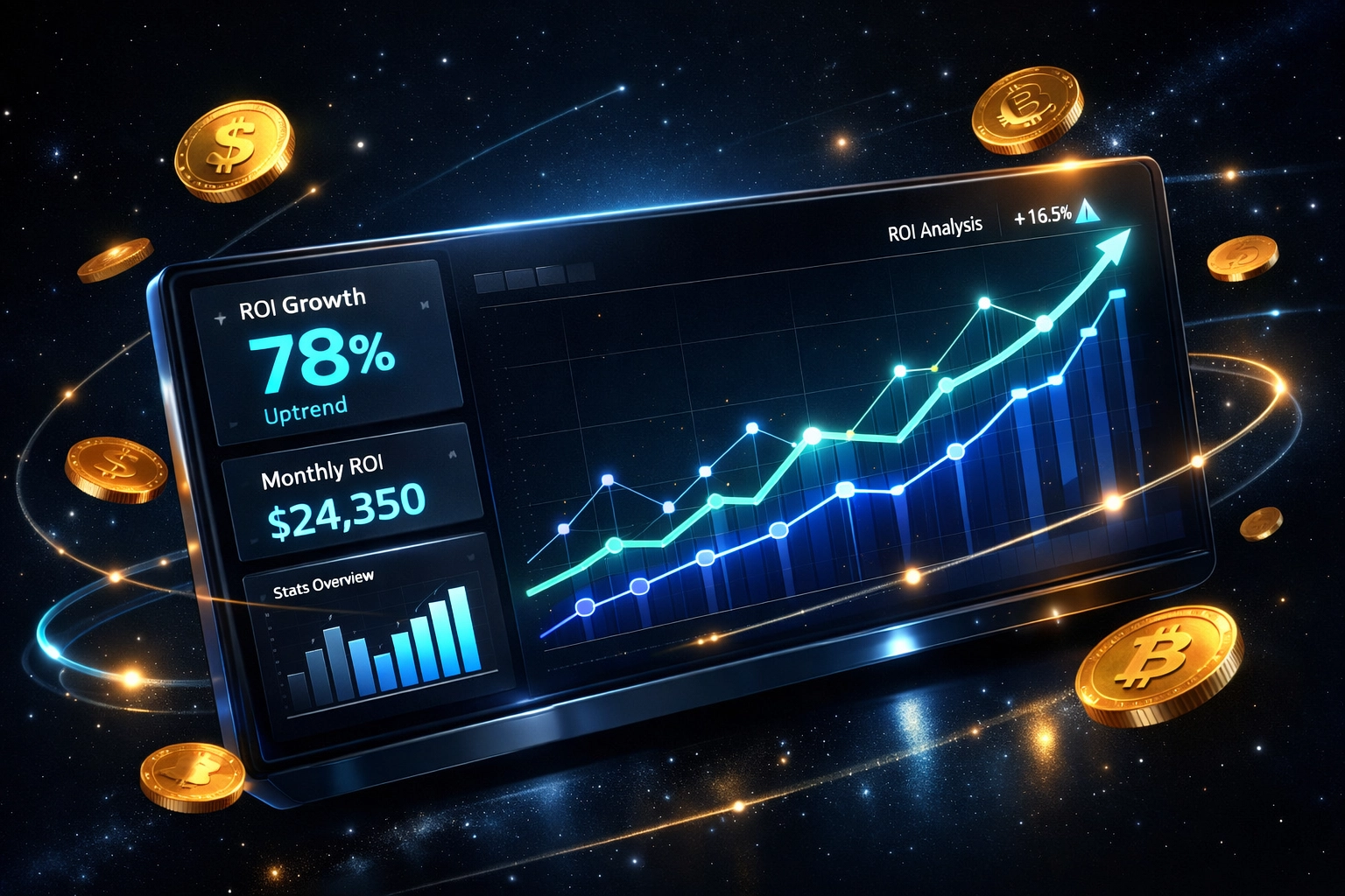 Marketing automation AI dashboard displaying rising ROI metrics and performance data for small businesses