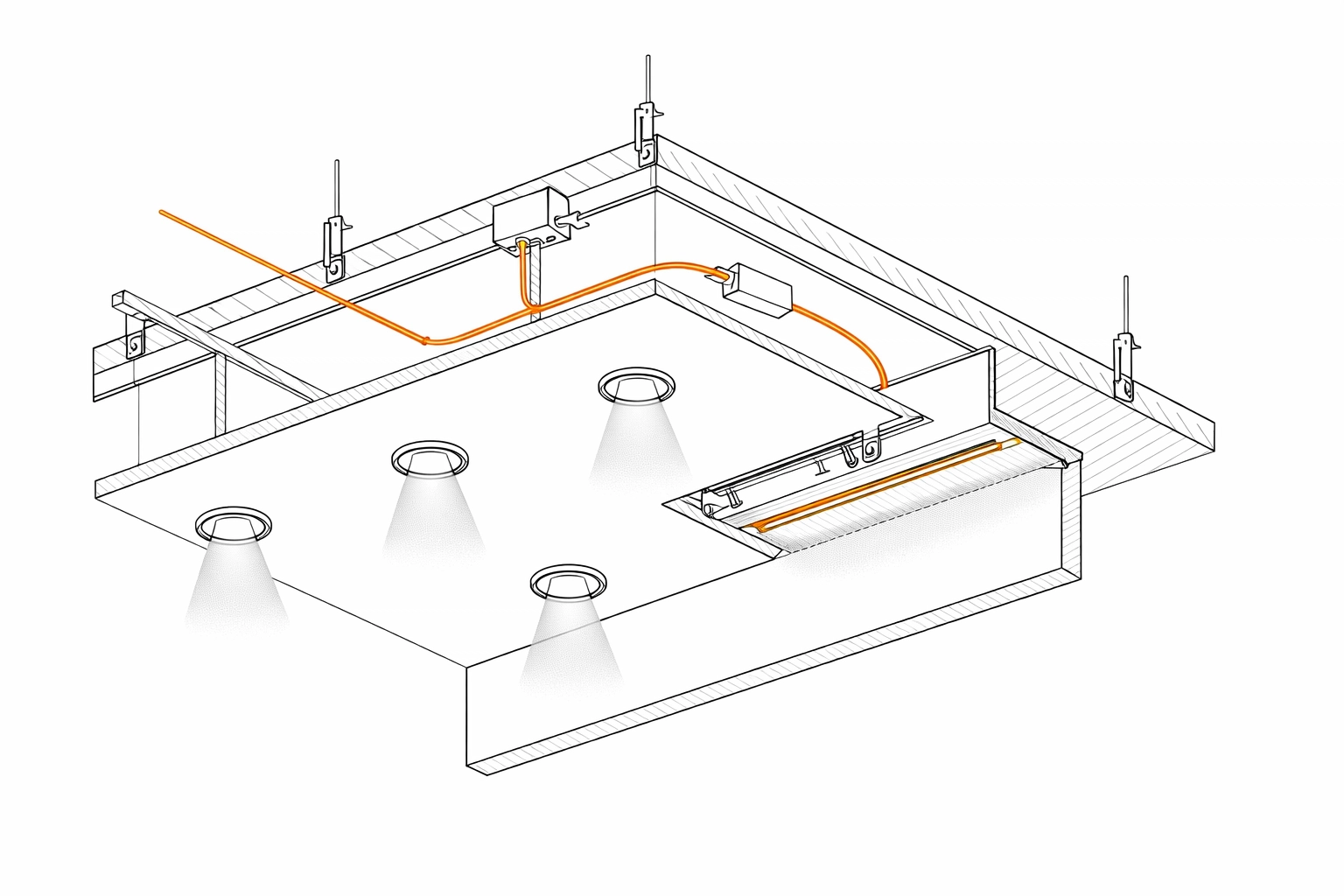 Moderne Lichtplanung in NÖ: Technisches Schema für LED-Einbaustrahler und Akzentbeleuchtung.