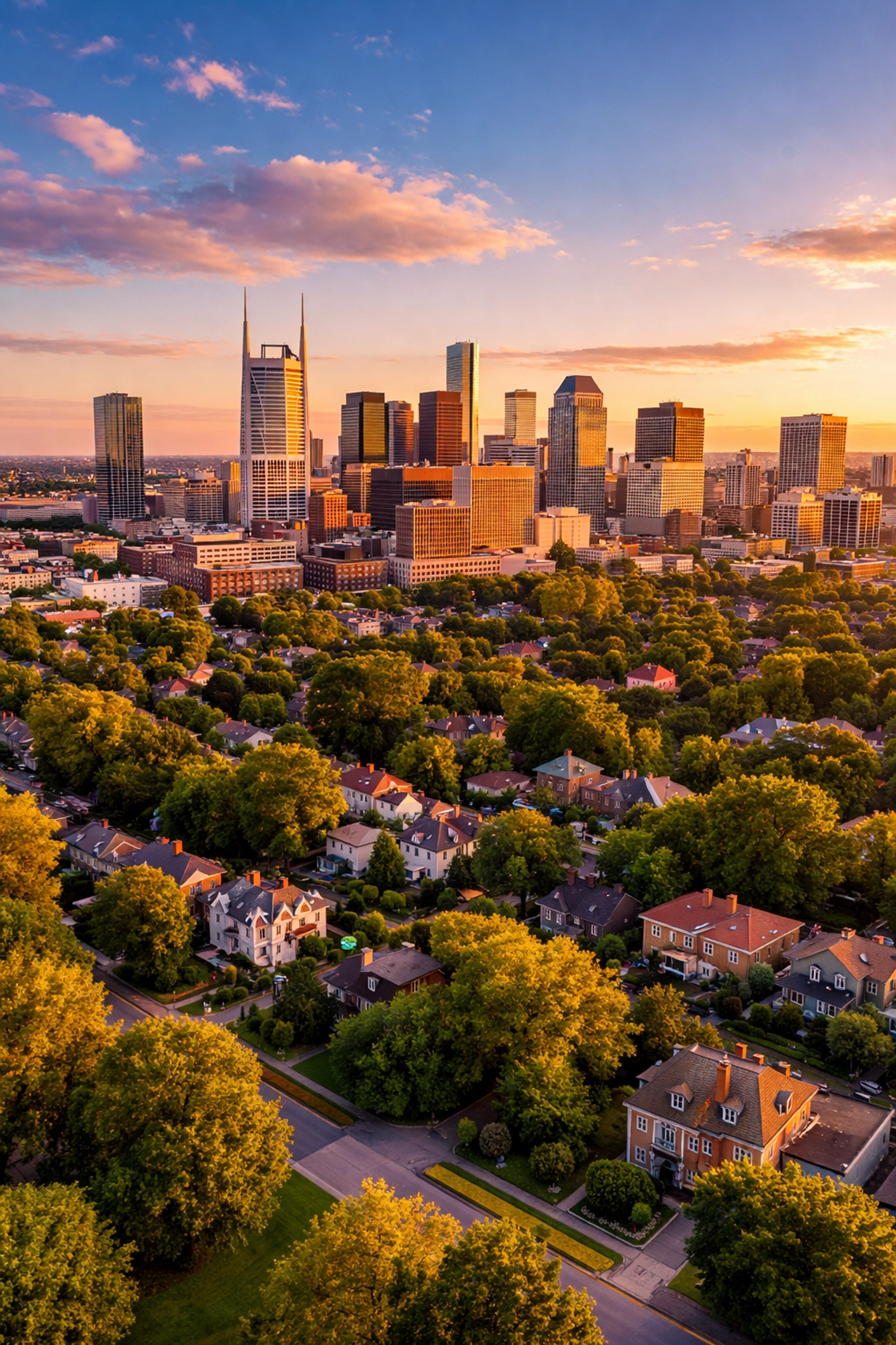 Aerial view of Nashville skyline and neighborhoods at sunset, representing the thriving real estate market