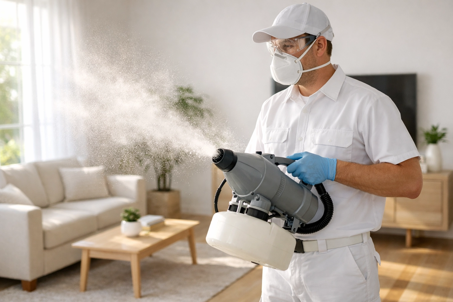 Restoration professional sanitizing a home to avoid mold remediation after water damage and carpet cleaning.