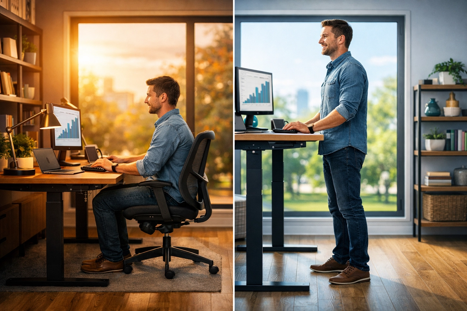 Comparison of proper sitting and standing postures at a height-adjustable desk for home office health.