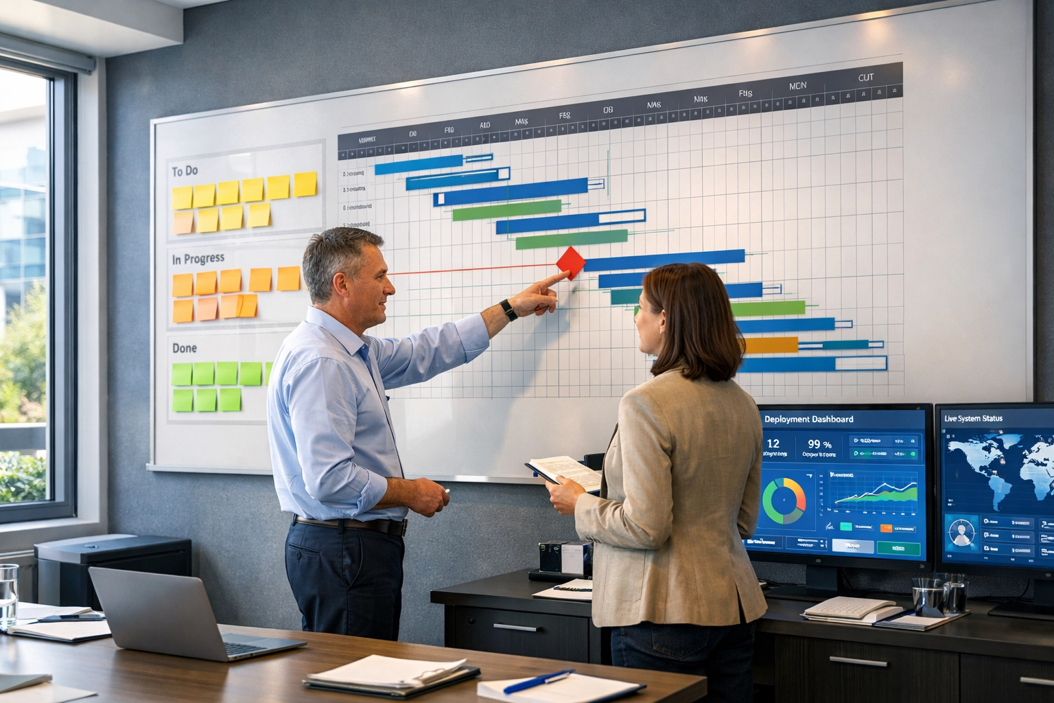 Technology project management team reviewing deployment timeline and implementation progress