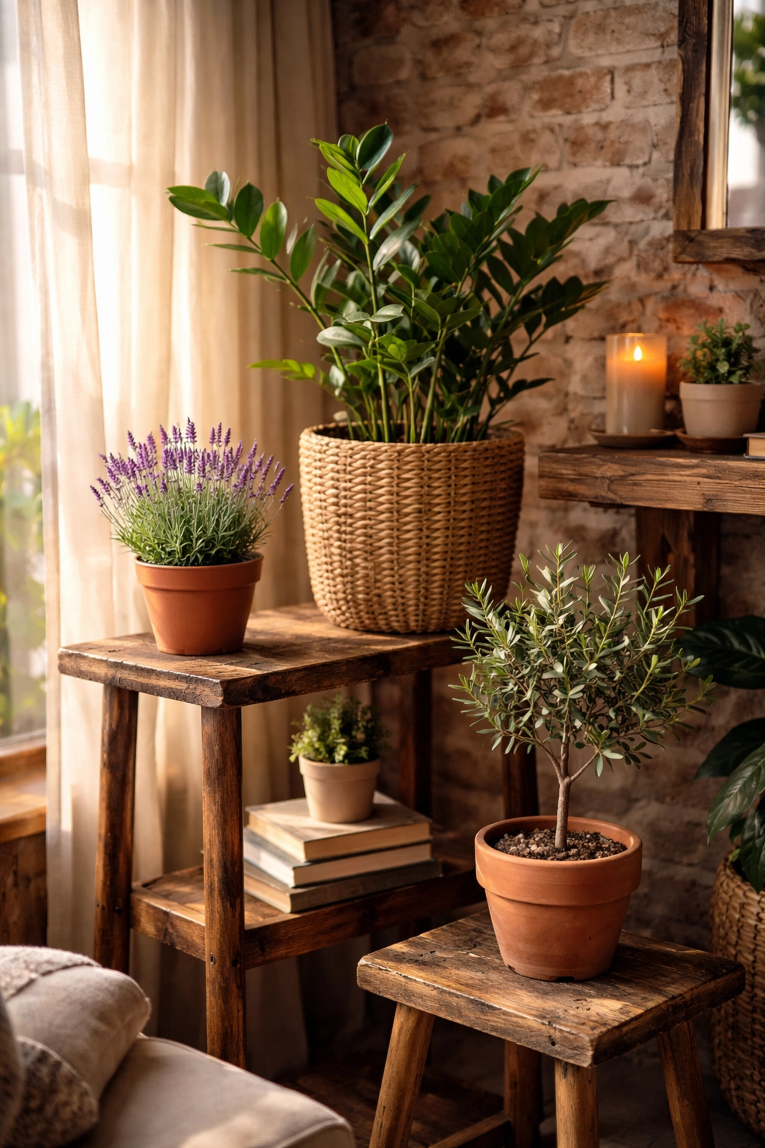 Selection of low-maintenance houseplants in a rustic living room, perfect handmade housewarming gift idea.
