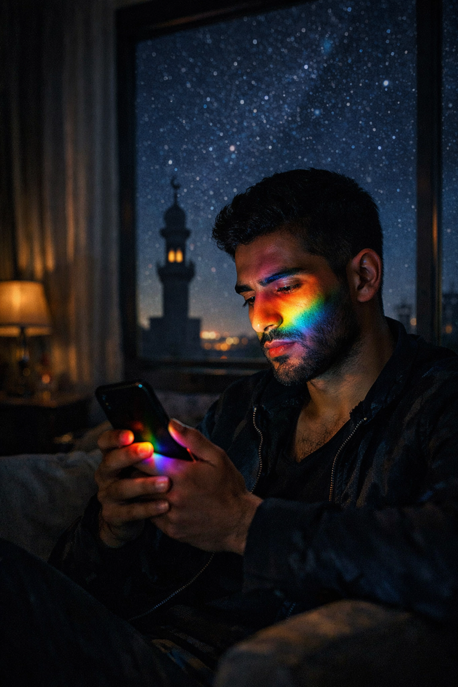 A gay Arab man using a smartphone in a dark room, highlighting the hidden LGBTQ+ digital community in Kuwait and Iran.